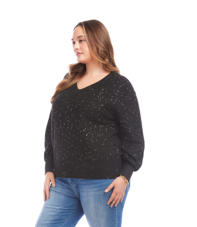 Karen Kane Black Plus Size Sequin V-Neck Sweater Karen Kane