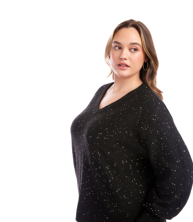 Karen Kane Black Plus Size Sequin V-Neck Sweater Karen Kane