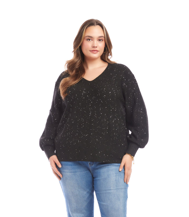 karen kane Black Plus Size Sequin V-Neck Sweater Karen Kane karen kane Black Plus Size Sequin V-Neck Sweater Karen Kane