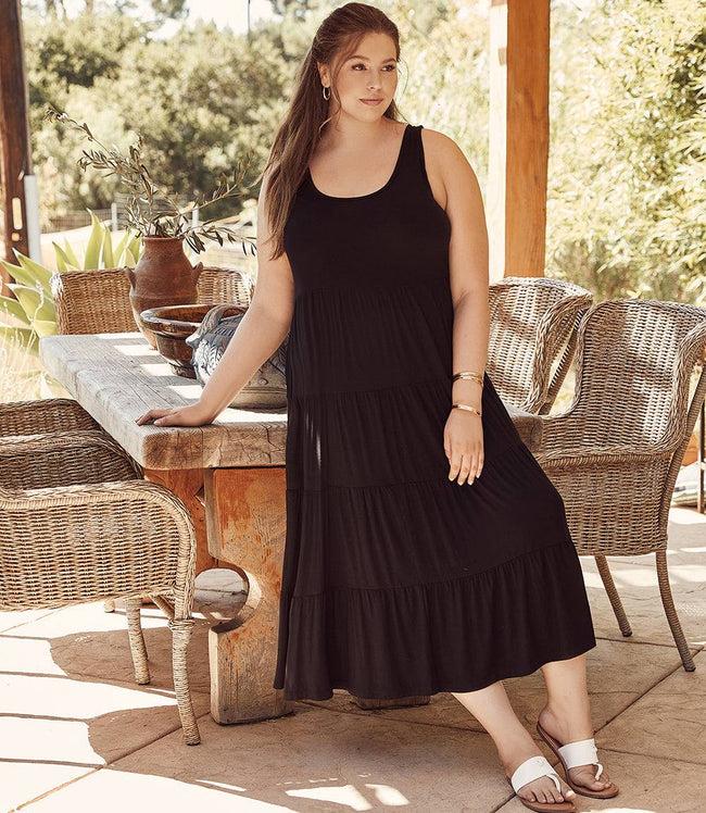 karen kane Black Plus Size Tiered Midi Dress Karen Kane