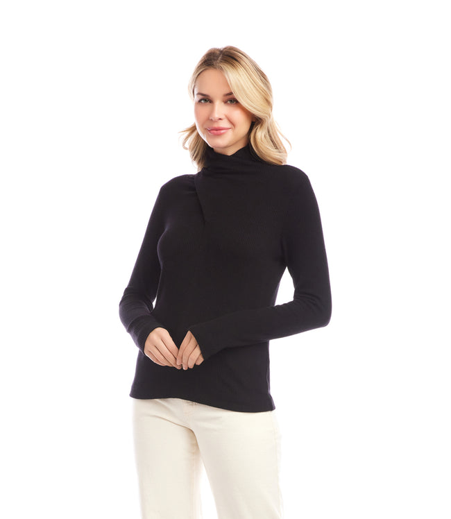 Karen Kane Black Ribbed Faux Wrap Turtleneck Top Karen Kane