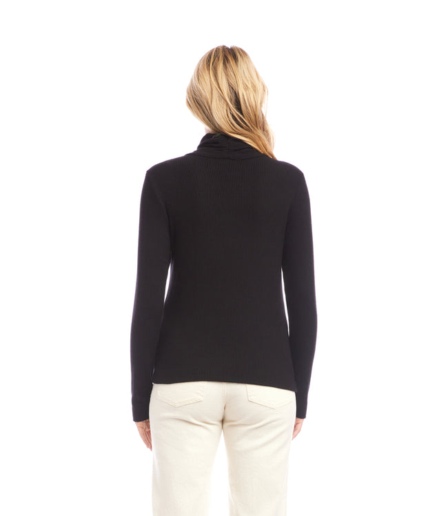 Karen Kane Black Ribbed Faux Wrap Turtleneck Top Karen Kane