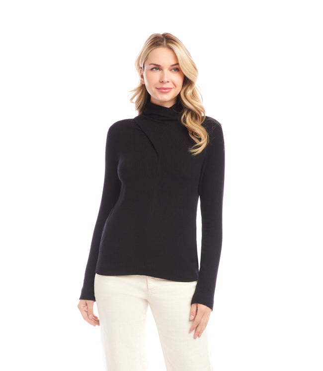 karen kane Black Ribbed Faux Wrap Turtleneck Top Karen Kane