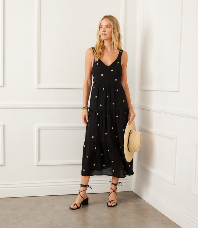 Karen Kane Black Sleeveless Embroidered Tiered Midi Dress Karen Kane