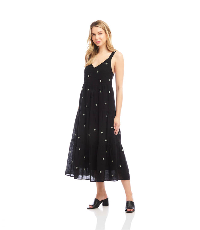 Karen Kane Black Sleeveless Embroidered Tiered Midi Dress Karen Kane