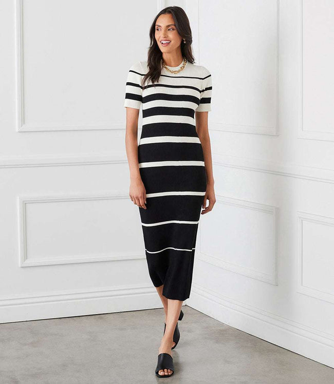 Karen Kane Black Stripe Ribbed Sweater Midi Dress Karen Kane