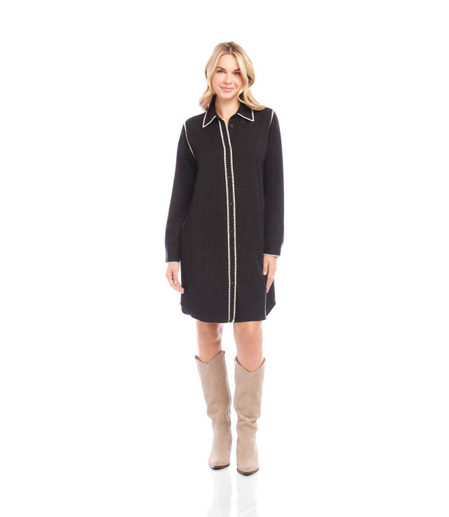 Karen Kane Black With Antique Cream Long Sleeve Edge Stitch Shirtdress Karen Kane