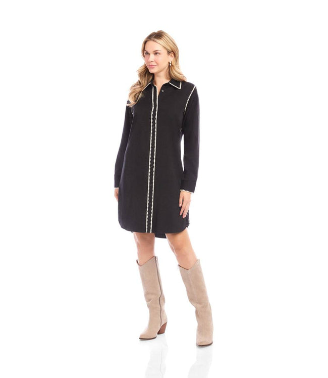 Karen Kane Black With Antique Cream Long Sleeve Edge Stitch Shirtdress Karen Kane
