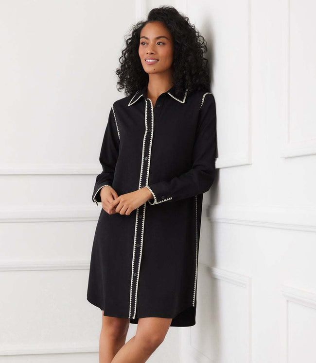 karen kane Black With Antique Cream Long Sleeve Edge Stitch Shirtdress Karen Kane