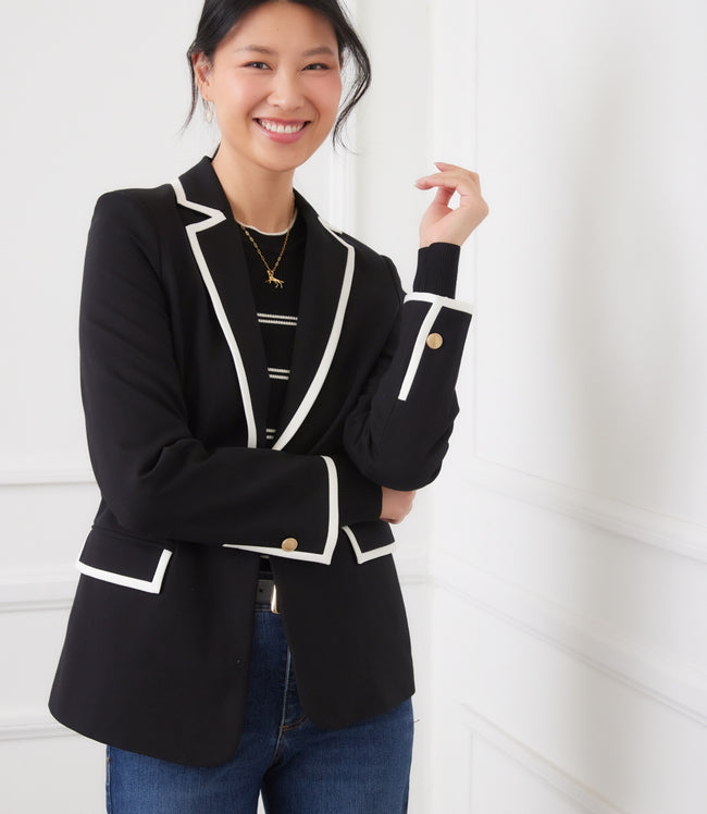 Karen Kane Black With Cream Contrast Ponte Knit Blazer Karen Kane