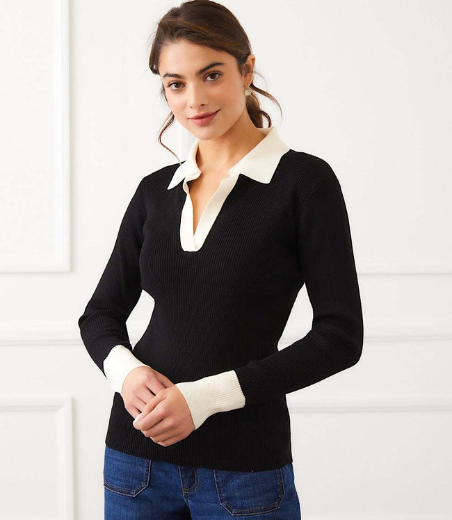 Karen Kane Black With Cream Contrast Ribbed Polo Sweater Karen Kane