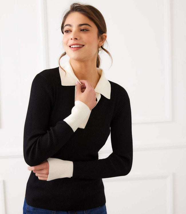 Karen Kane Black With Cream Contrast Ribbed Polo Sweater Karen Kane