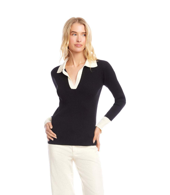 Karen Kane Black With Cream Contrast Ribbed Polo Sweater Karen Kane