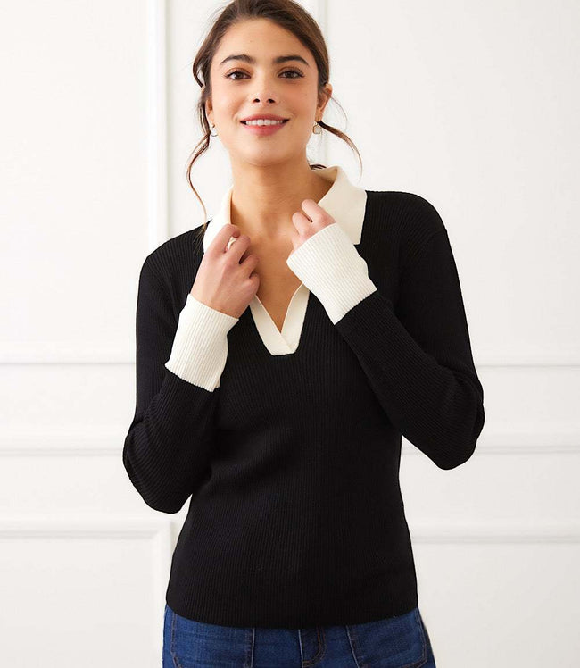 karen kane Black With Cream Contrast Ribbed Polo Sweater Karen Kane