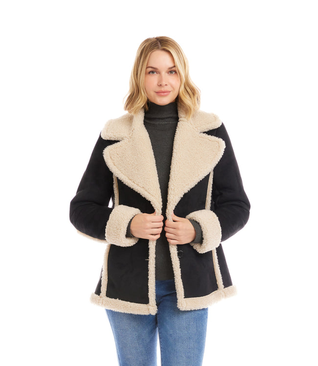 Karen Kane Black With Cream Faux Suede Shearling Jacket Karen Kane