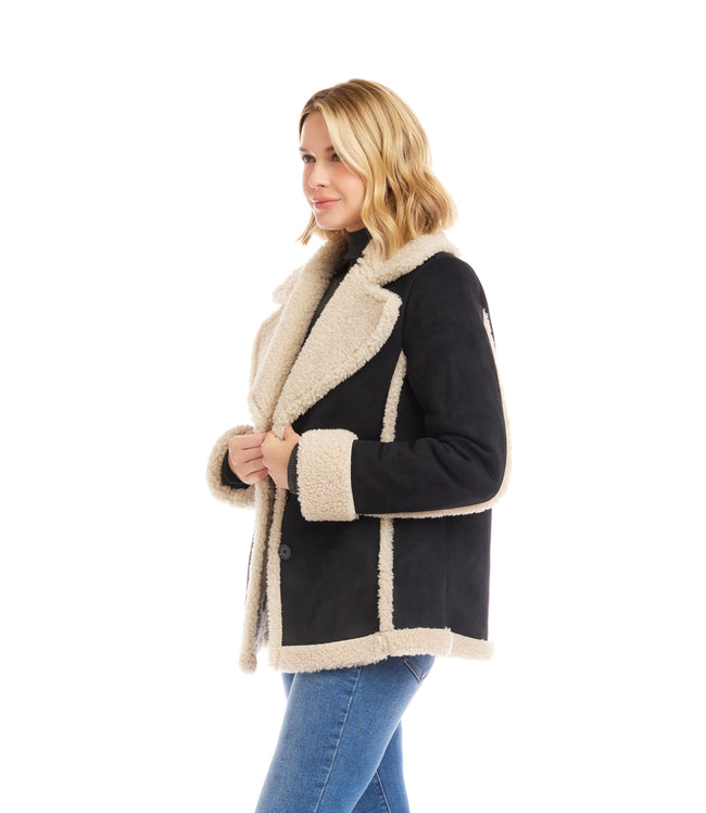Karen Kane Black With Cream Faux Suede Shearling Jacket Karen Kane