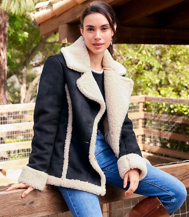 karen kane Black With Cream Faux Suede Shearling Jacket Karen Kane