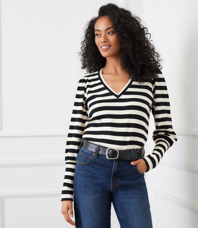 Karen Kane Black With Cream Petite Size Stripe Bishop Sleeve V-Neck Top Karen Kane