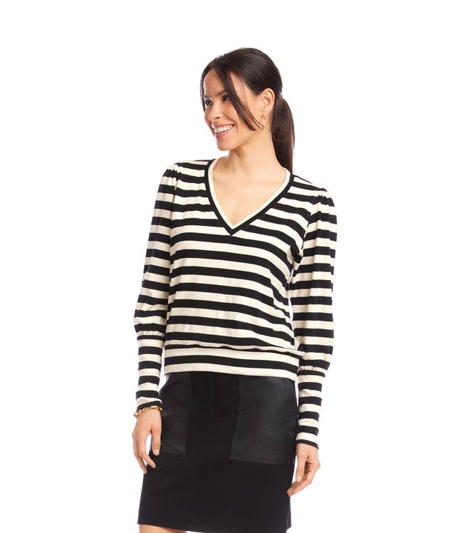Karen Kane Black With Cream Petite Size Stripe Bishop Sleeve V-Neck Top Karen Kane