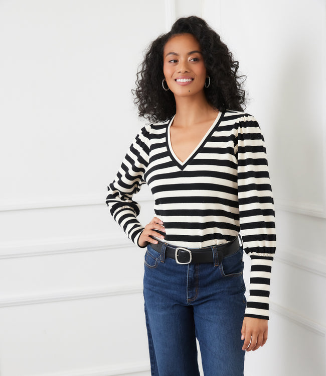 karen kane Black With Cream Petite Size Stripe Bishop Sleeve V-Neck Top Karen Kane