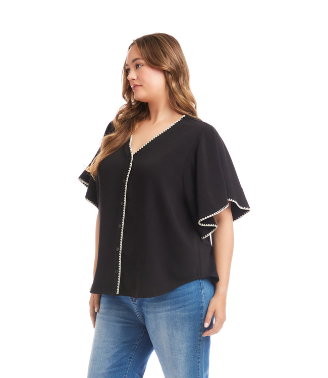 Karen Kane Black With Cream Plus Size Flutter Sleeve Edge Stitch Top Karen Kane