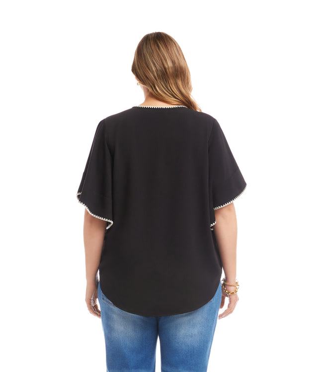 Karen Kane Black With Cream Plus Size Flutter Sleeve Edge Stitch Top Karen Kane