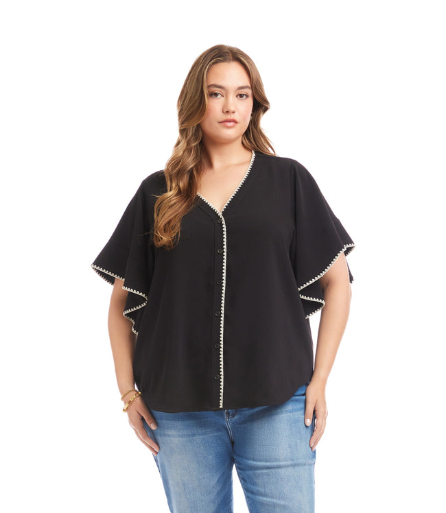karen kane Black With Cream Plus Size Flutter Sleeve Edge Stitch Top Karen Kane