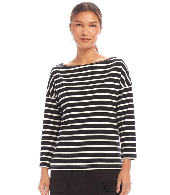 Karen Kane Black With Cream Stripe 3/4 Sleeve Boatneck Top Karen Kane