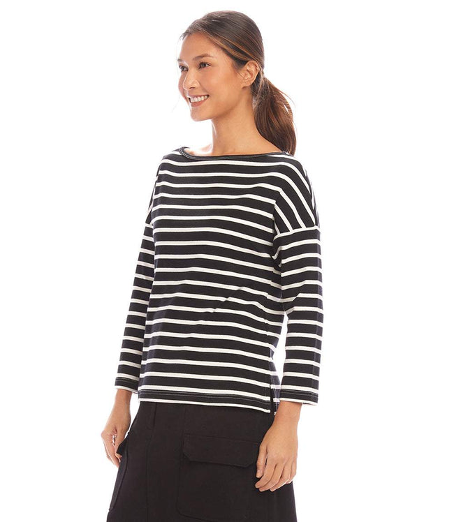 Karen Kane Black With Cream Stripe 3/4 Sleeve Boatneck Top Karen Kane
