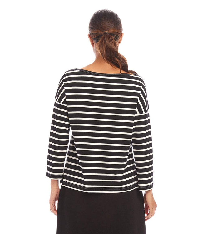 Karen Kane Black With Cream Stripe 3/4 Sleeve Boatneck Top Karen Kane