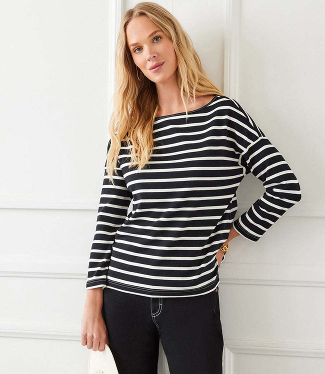 karen kane Black With Cream Stripe 3/4 Sleeve Boatneck Top Karen Kane