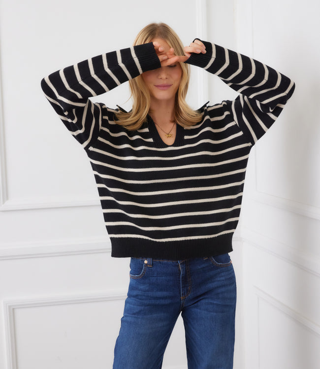 Karen Kane Black With Ecru Stripe Polo Sweater Karen Kane