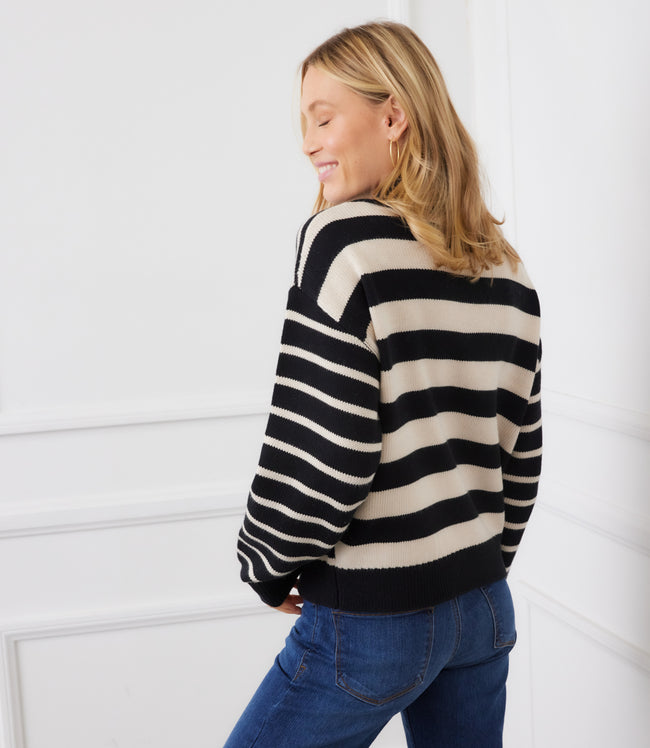 Karen Kane Black With Ecru Stripe Polo Sweater Karen Kane