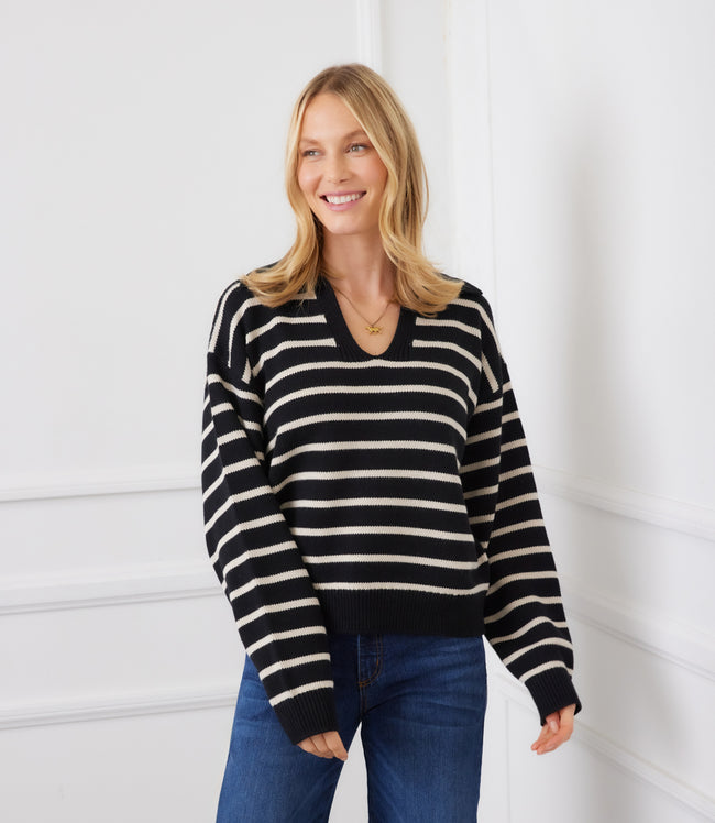 Karen Kane Black With Ecru Stripe Polo Sweater Karen Kane