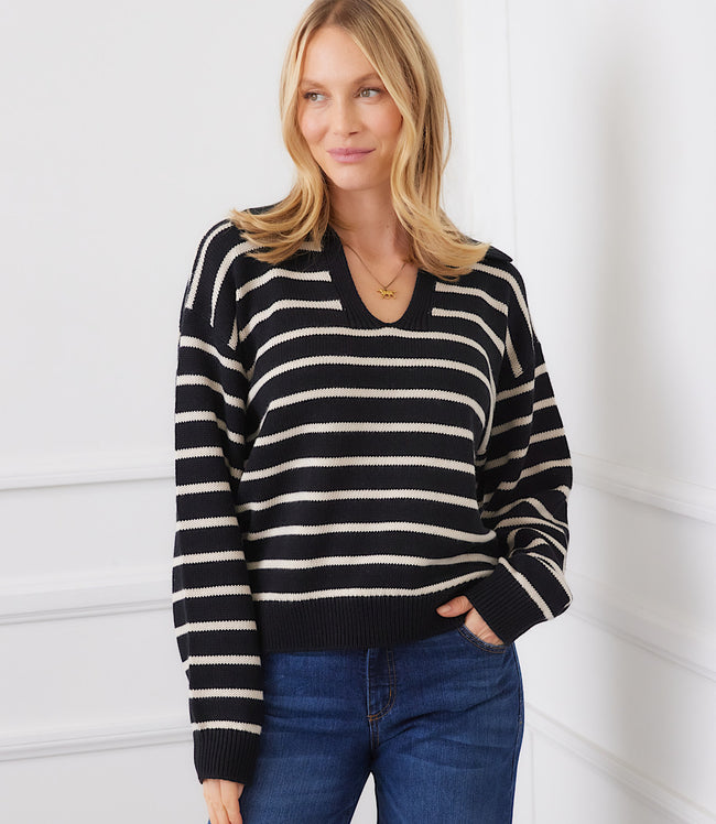 karen kane Black With Ecru Stripe Polo Sweater Karen Kane