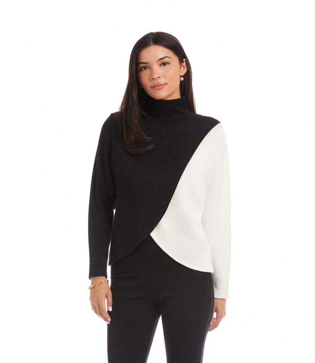 Karen Kane Black With Ivory Long Sleeve Crossover Colorblock Top Karen Kane