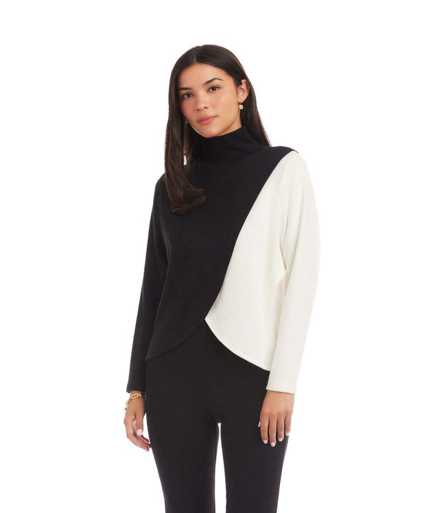 Karen Kane Black With Ivory Long Sleeve Crossover Colorblock Top Karen Kane