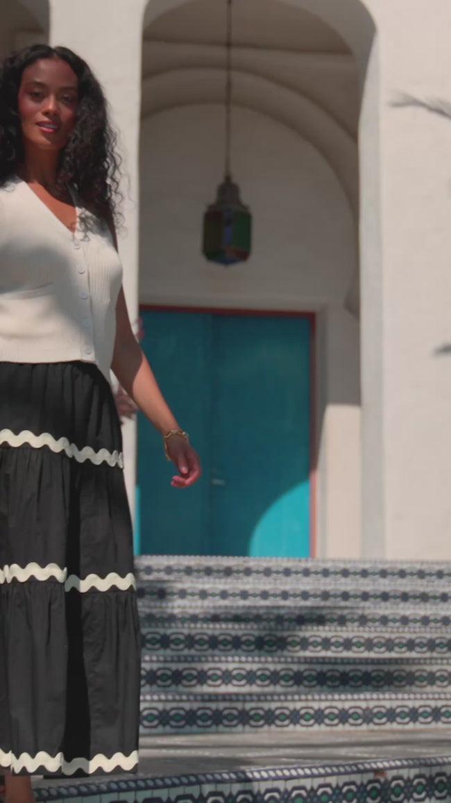 Karen Kane Black With Natural Ric-Rac Trim Tiered Midi Skirt Karen Kane