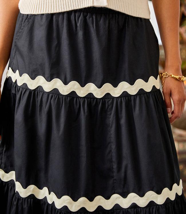 Karen Kane Black With Natural Ric-Rac Trim Tiered Midi Skirt Karen Kane