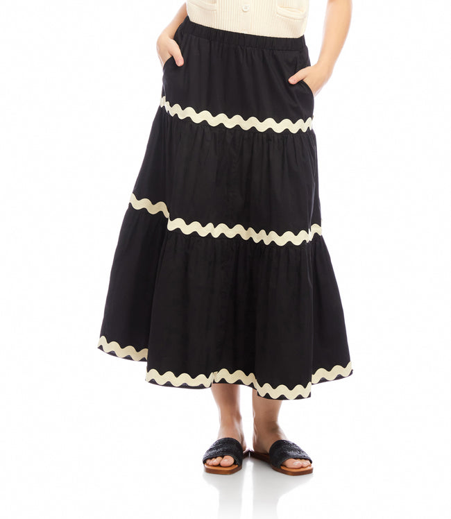 Karen Kane Black With Natural Ric-Rac Trim Tiered Midi Skirt Karen Kane