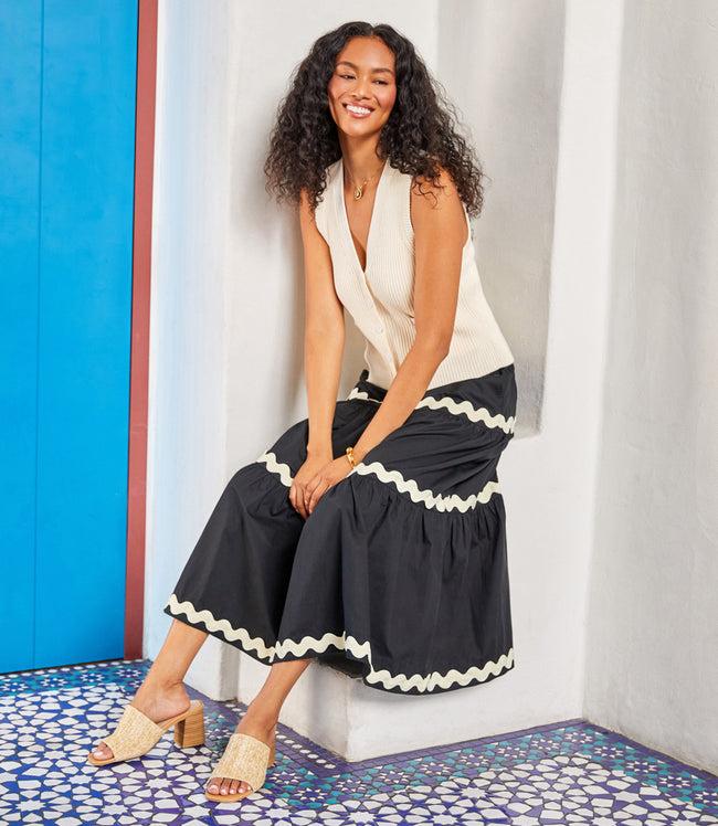 karen kane Black With Natural Ric-Rac Trim Tiered Midi Skirt Karen Kane