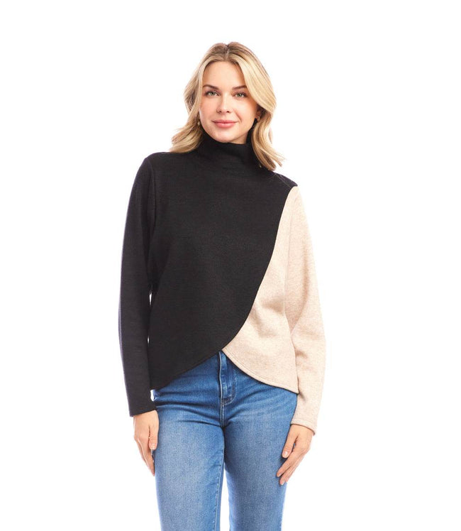 Karen Kane Black With Oatmeal Long Sleeve Crossover Colorblock Top Karen Kane