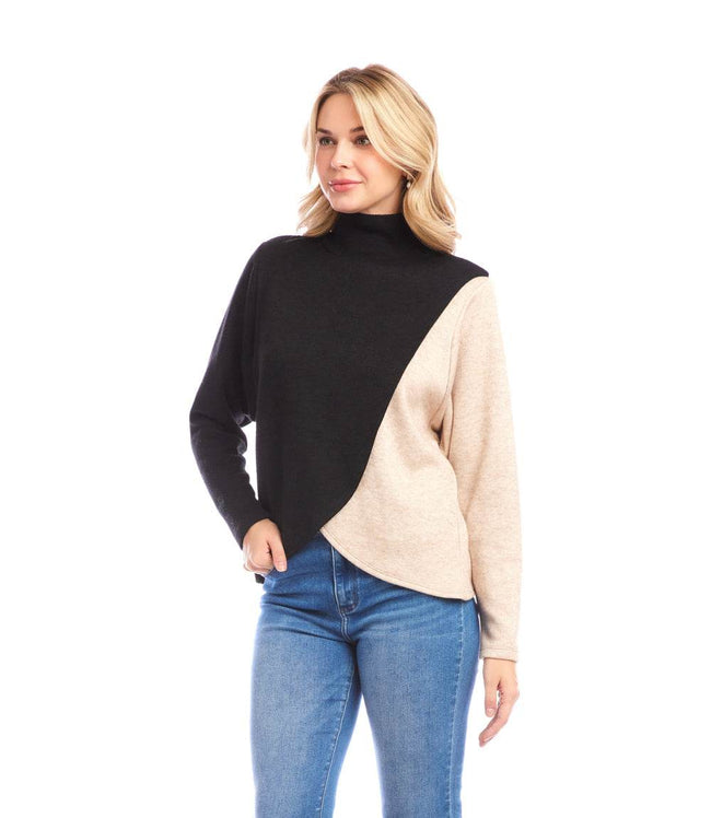 Karen Kane Black With Oatmeal Long Sleeve Crossover Colorblock Top Karen Kane