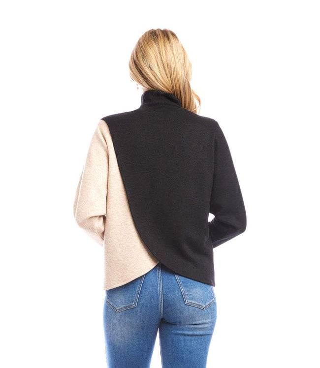 Karen Kane Black With Oatmeal Long Sleeve Crossover Colorblock Top Karen Kane