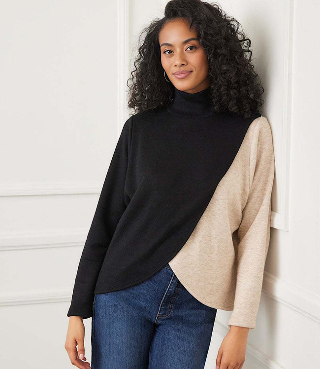 karen kane Black With Oatmeal Long Sleeve Crossover Colorblock Top Karen Kane