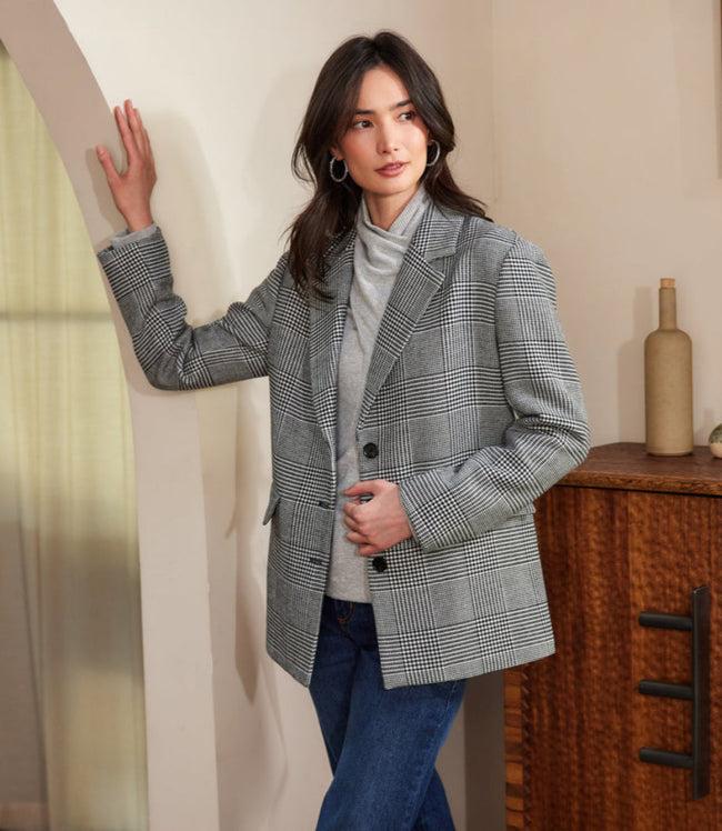 karen kane Black With Off White Houndstooth Blazer Karen Kane