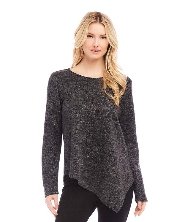 Karen Kane Black With Silver Long Sleeve Metallic Asymmetric Top Karen Kane