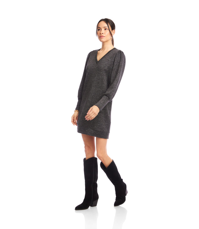 Karen Kane Black With Silver Puff Sleeve V-Neck Dress Karen Kane