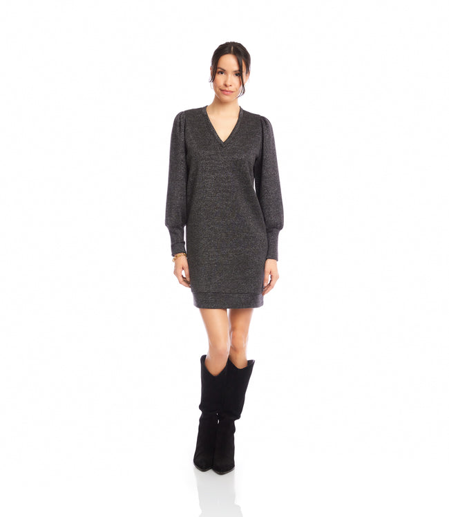 karen kane Black With Silver Puff Sleeve V-Neck Dress Karen Kane