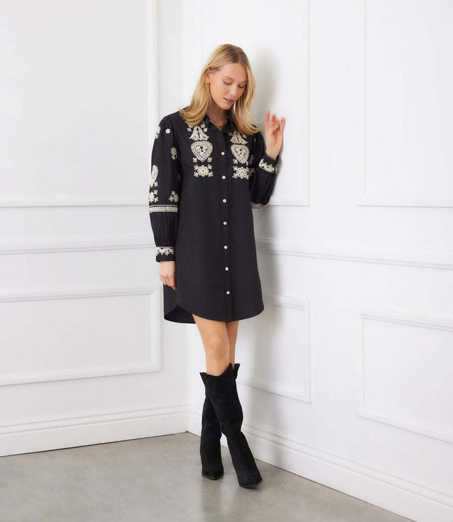 Karen Kane Black With Tan Blouson Sleeve Rope Stitch Shirtdress Karen Kane